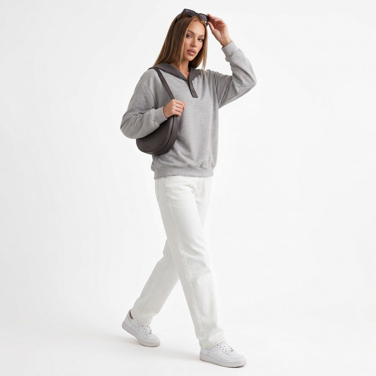 Contrast Collar Henley Long Sleeve Relaxed Pullover Sweatshirt