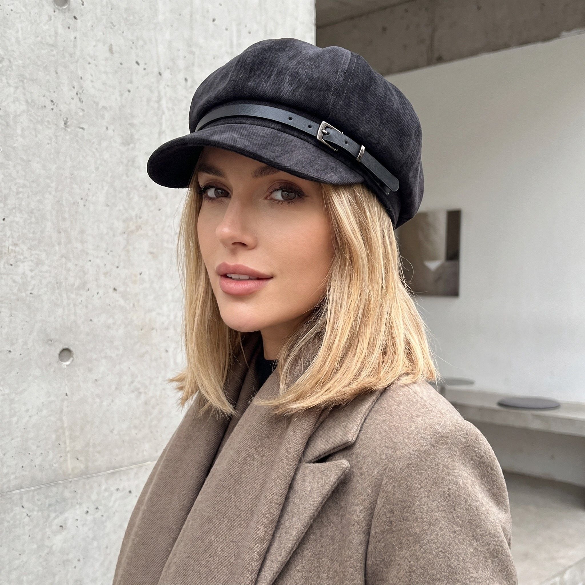Faux Suede Newsboy Cap Vintage Baker Boy Hat With Buckle Band