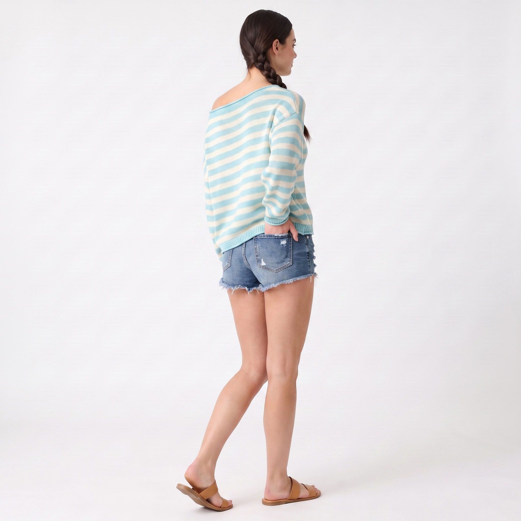 Striped Boat Neck Drop Shoulder Long Sleeve Knit Sweater