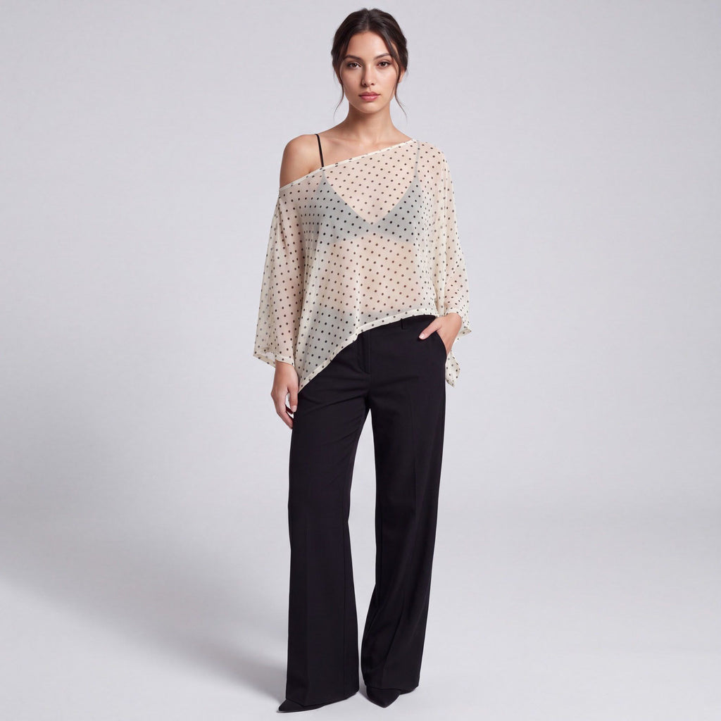 Sheer Polka Dot Asymmetrical Poncho Blouse with Off Shoulder Neckline Flowy Fit and Three Quarter Sleeves