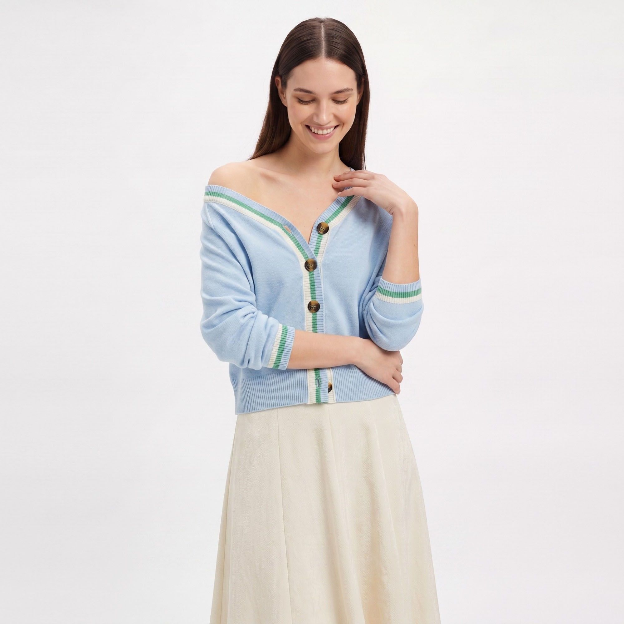 Contrast Stripe V-Neck Button-Front Knit Cardigan