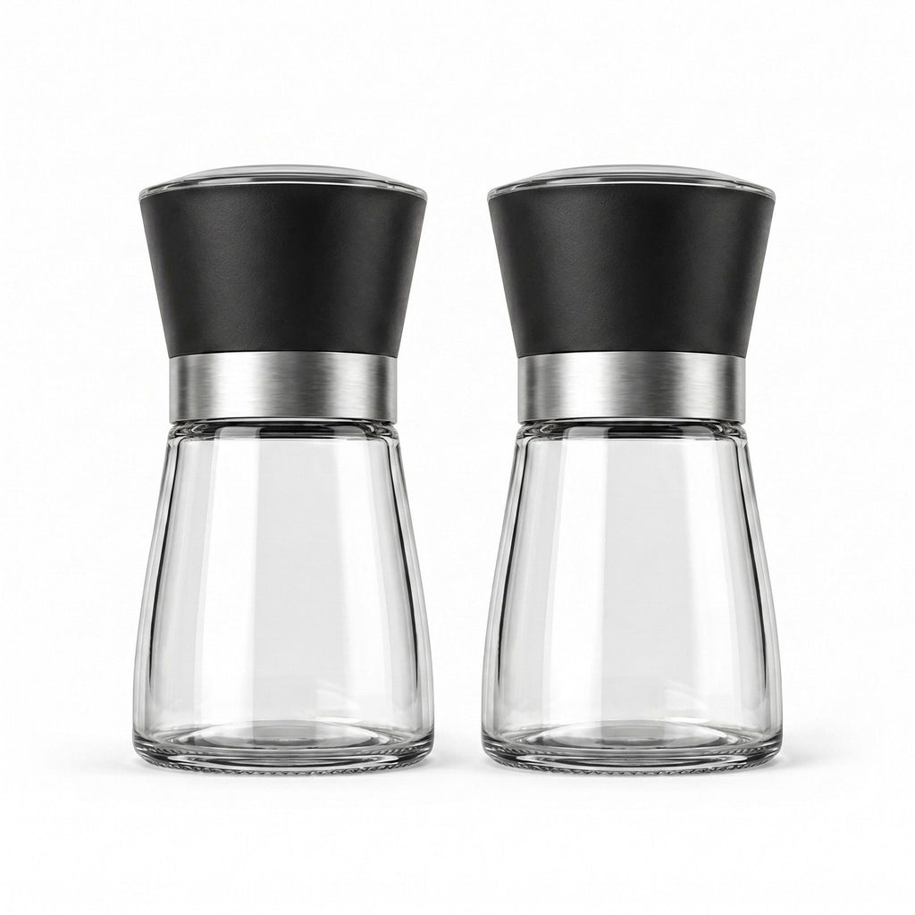 2-Piece Glass Salt and Pepper Grinder Set with Stainless Steel Accent