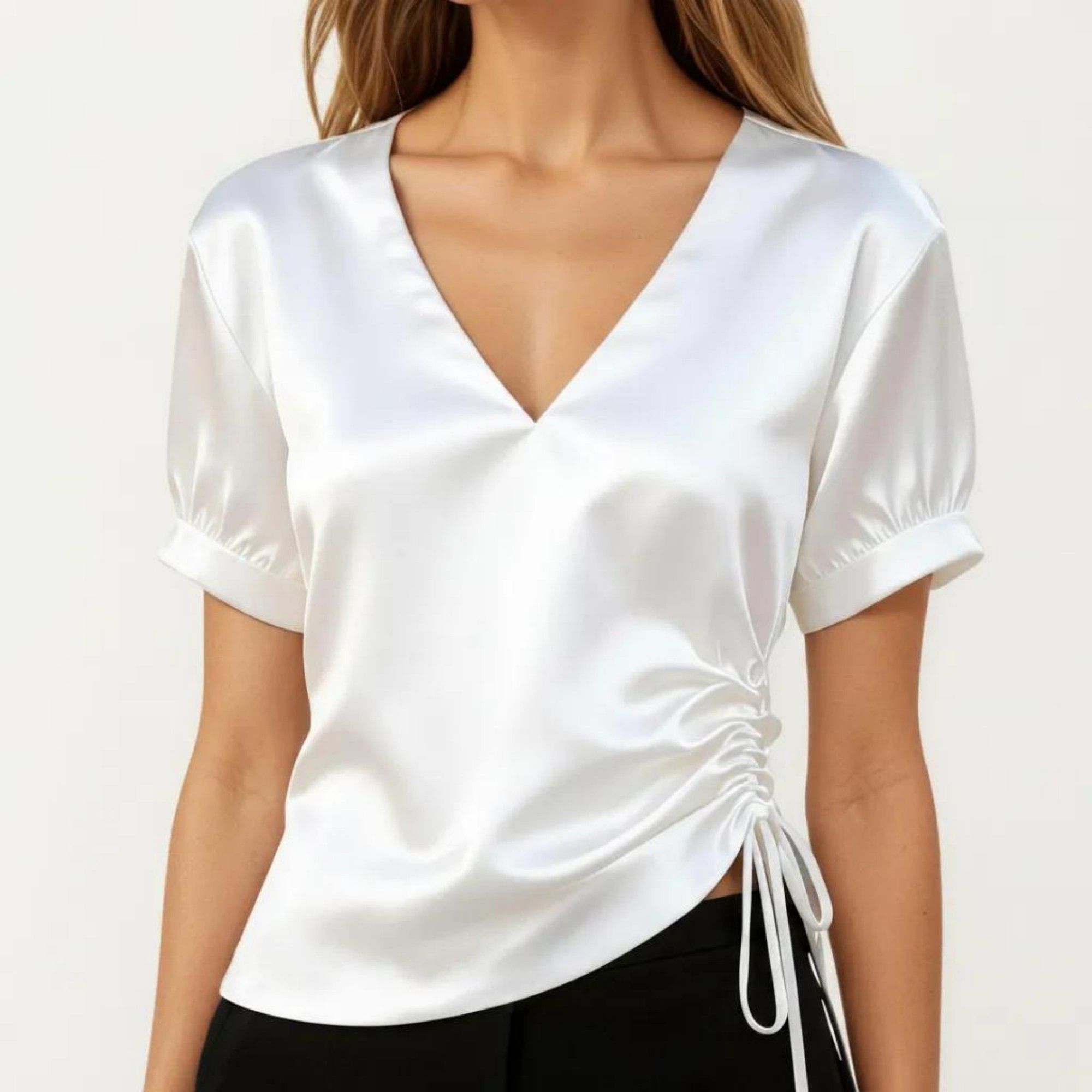 Anna-Kaci Women's Satin V Neck Blouse with Puff Sleeves and Side Ruched Drawstring