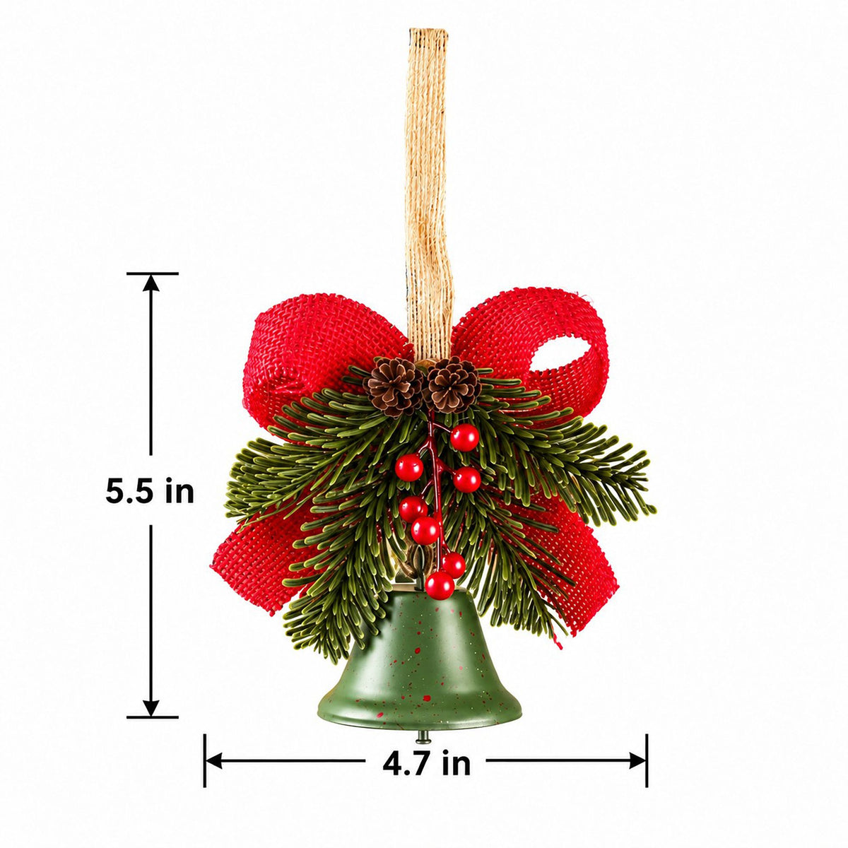 Christmas Bell Ornament with Bow Pinecones Berries and Greenery