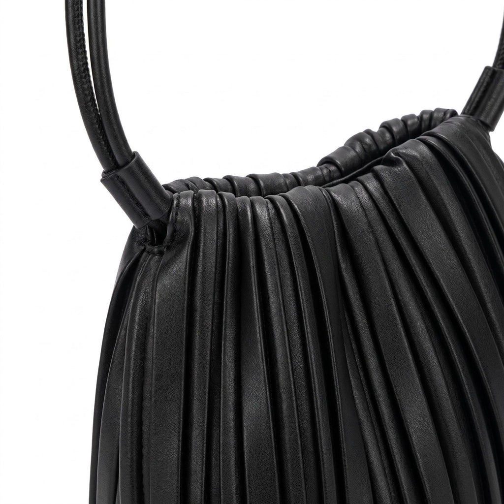 Pleated Crossbody Bucket Bag with Long Shoulder Strap and Gathered Top 7.5x8.5x3.5in