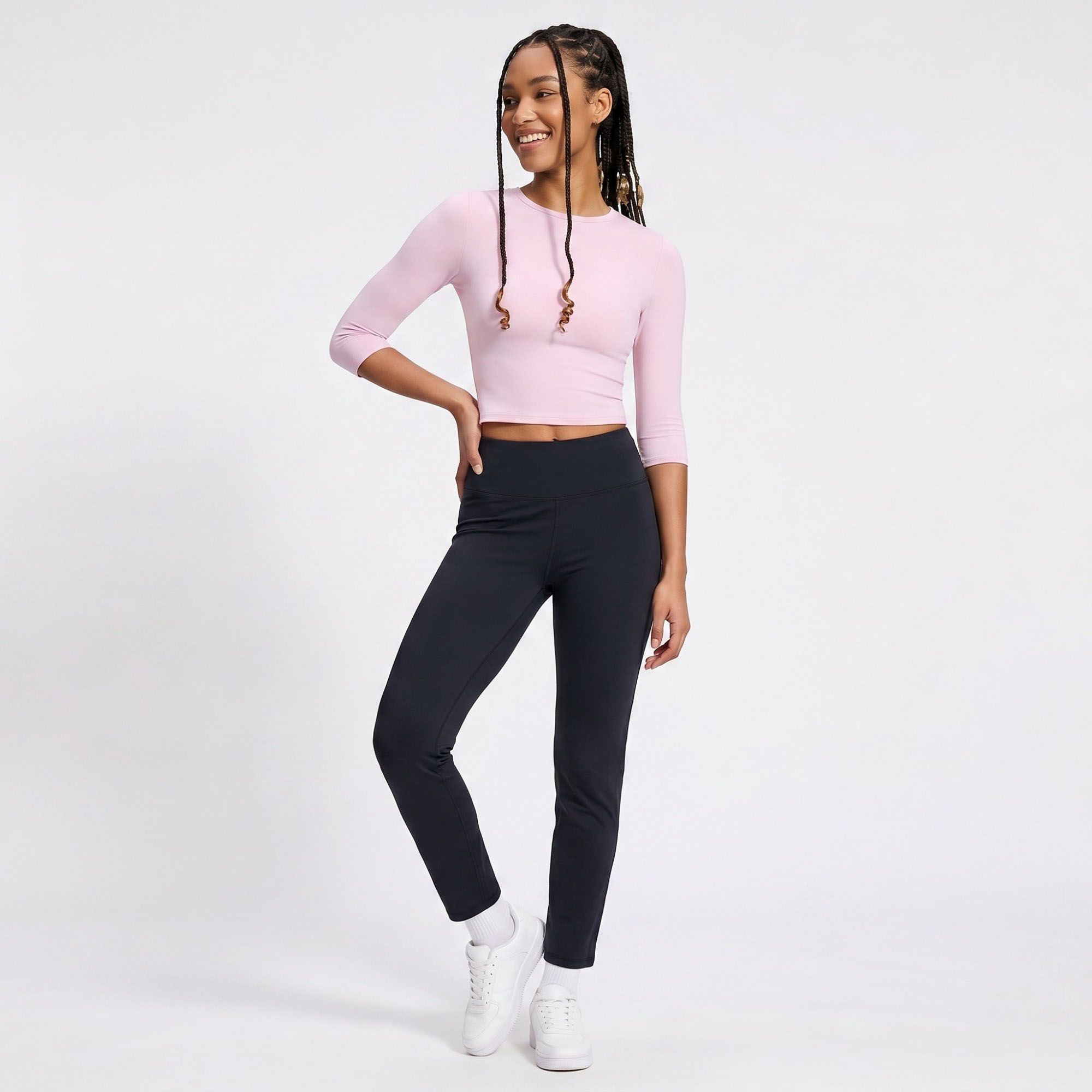 Elbow Sleeve Workout Top Crew Neck Fitted Crop Yoga Activewear Shirt