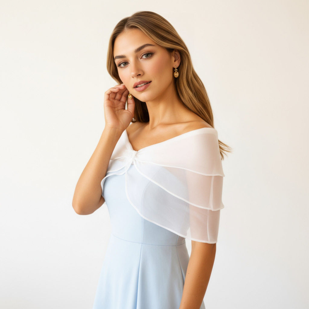 Anna-Kaci Sheer Organza Shoulder Shawl with Layered Ruffle Trim and Elegant Off-Shoulder Drape 14IN