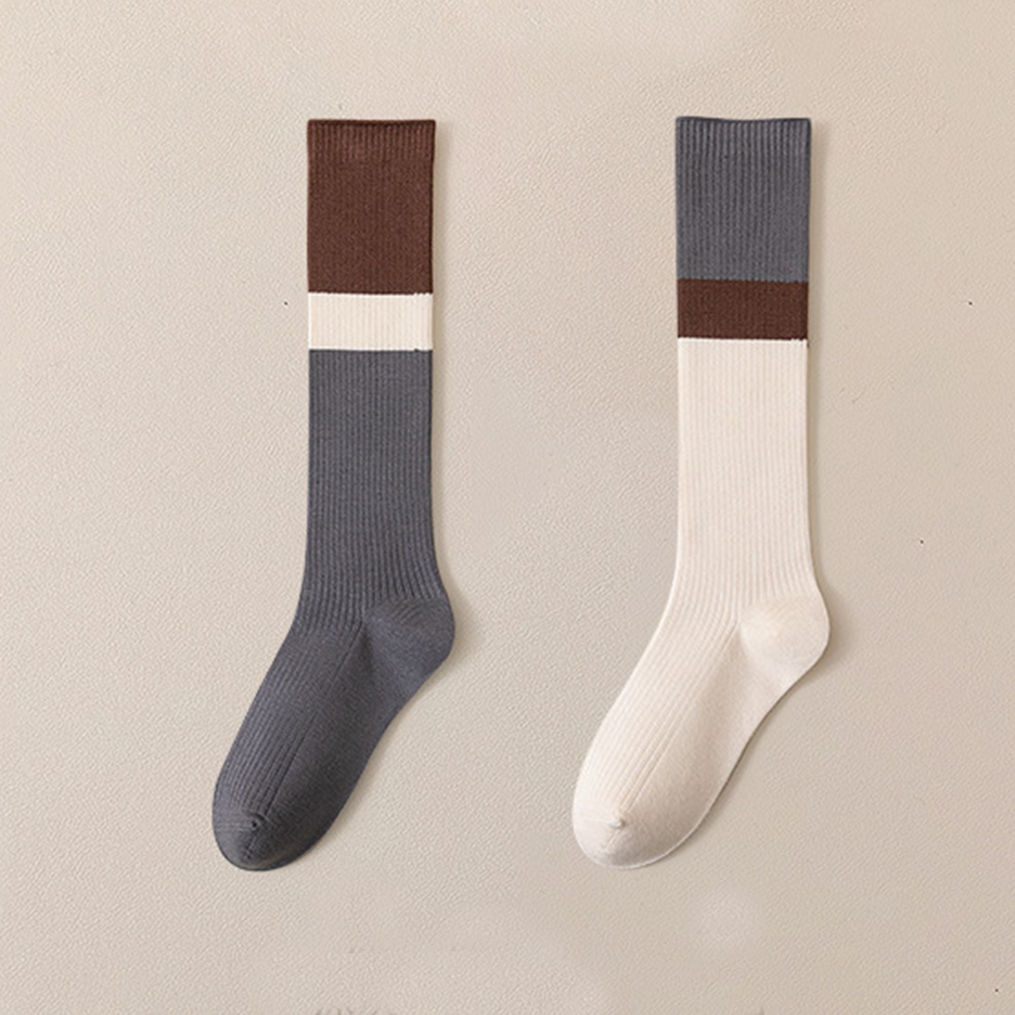 Anna-Kaci 2-Pair Colorblock Knee-High Ribbed Socks with Stretch Fit Design