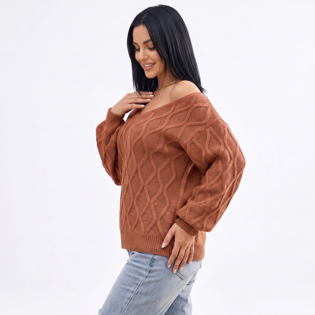 Cable Knit V-Neck Balloon Sleeve Sweater