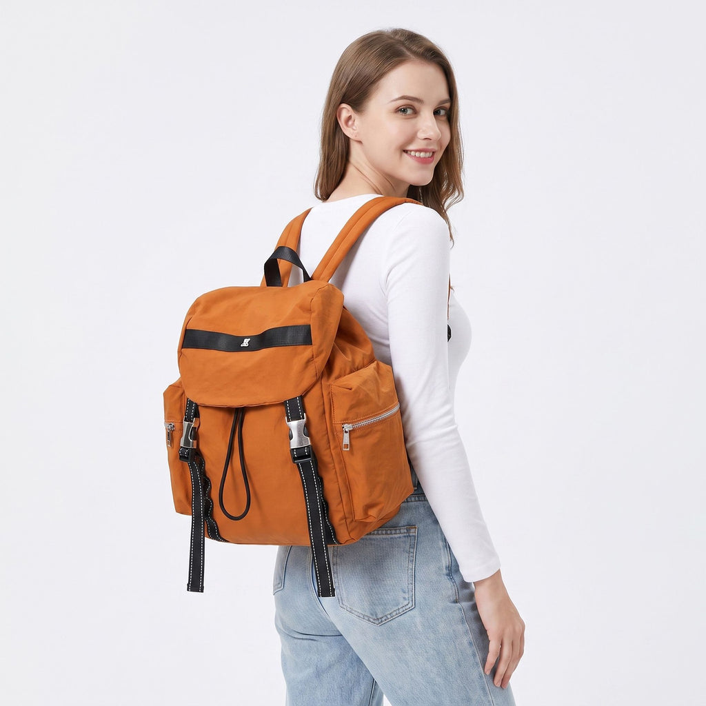 Flap Drawstring Backpack with Dual Buckle Straps and Zippered Side Pockets