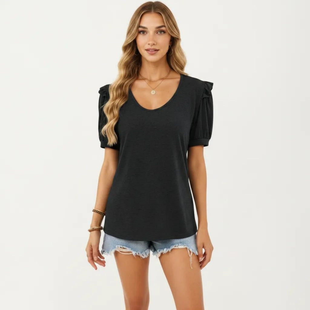 Anna-Kaci Women's Short Puff Sleeve Top with Scoop Neck Textured Knit Relaxed Fit Casual Shirt