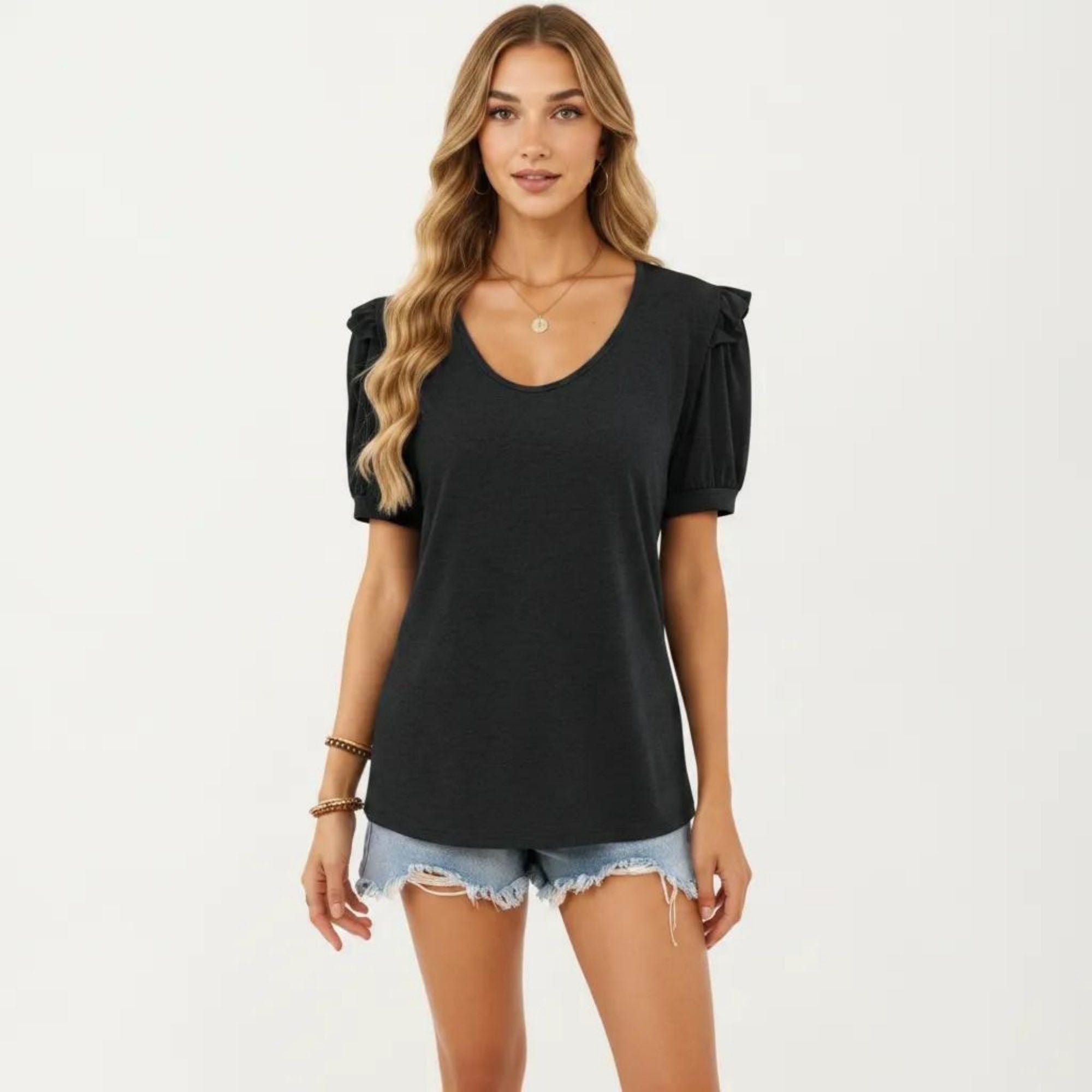 Anna-Kaci Women's Short Puff Sleeve Top with Scoop Neck Textured Knit Relaxed Fit Casual Shirt