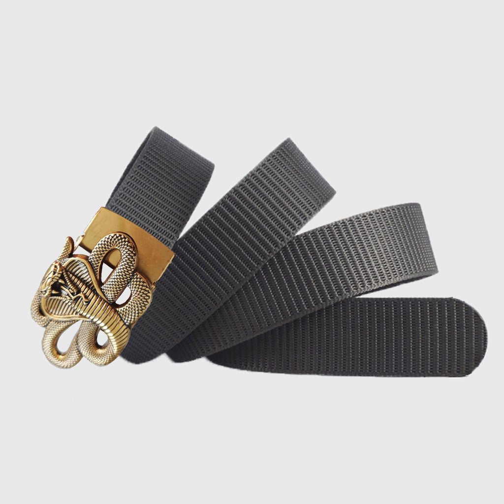 Anna-Kaci Women's Nylon Belt with Gold Cobra Buckle - Bold Statement Buckle Belt for Edgy Casual & Stylish Outfits