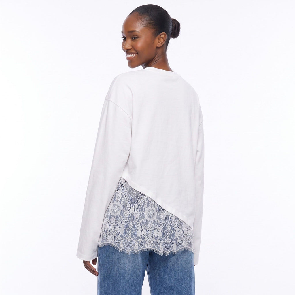Asymmetrical Lace Hem Long Sleeve Top