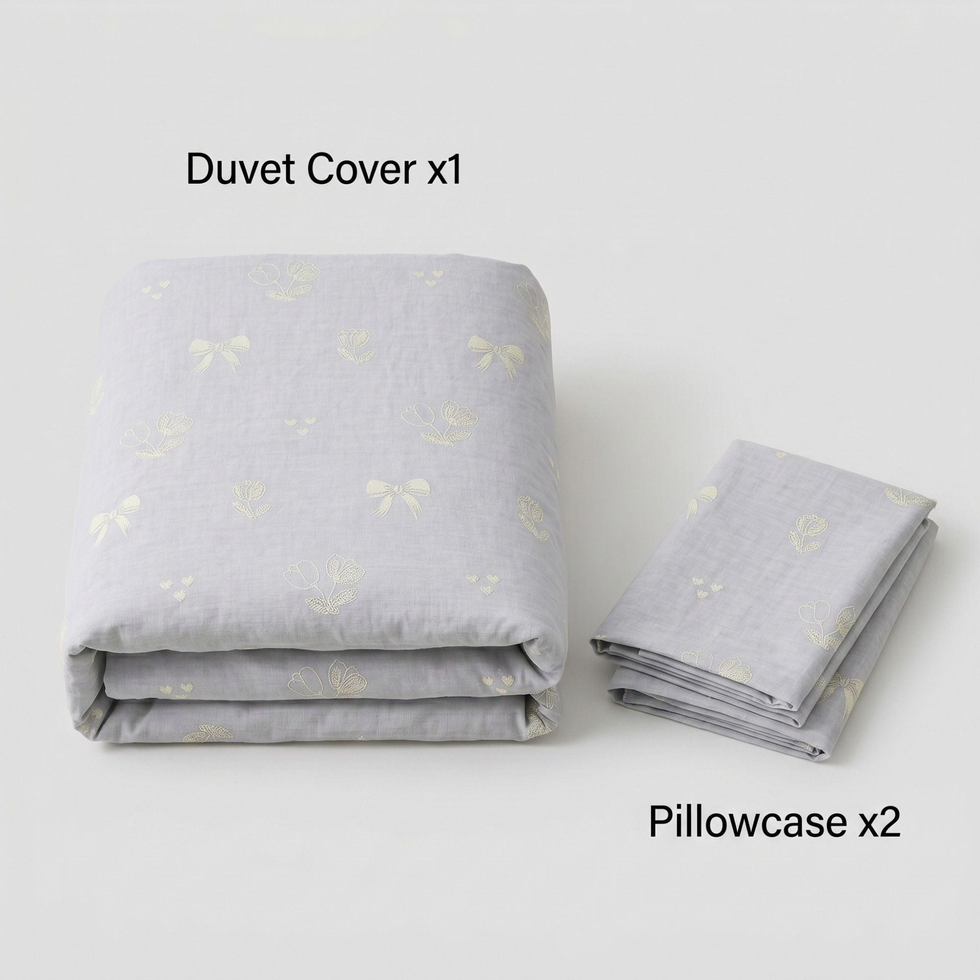 3-Piece Cotton Bedding Set with Duvet Cover and Pillowcases Soft Washed Fabric Minimal Floral Bow Print