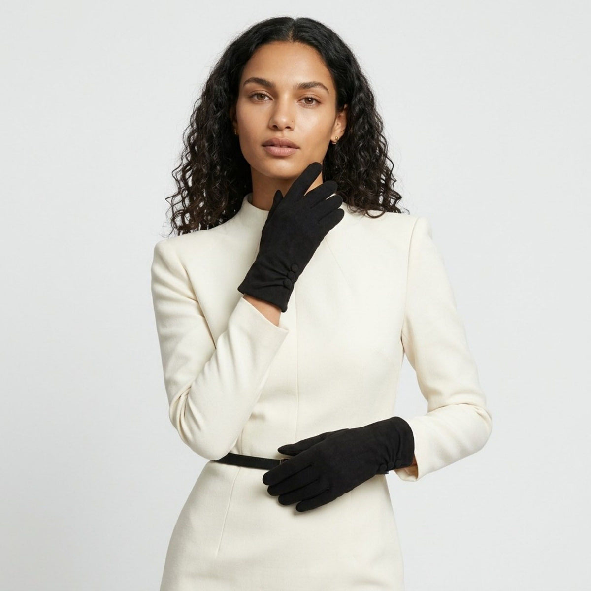 Faux Suede Winter Gloves with Pleated Wrist and Button Detail 9.4 x 3.3in