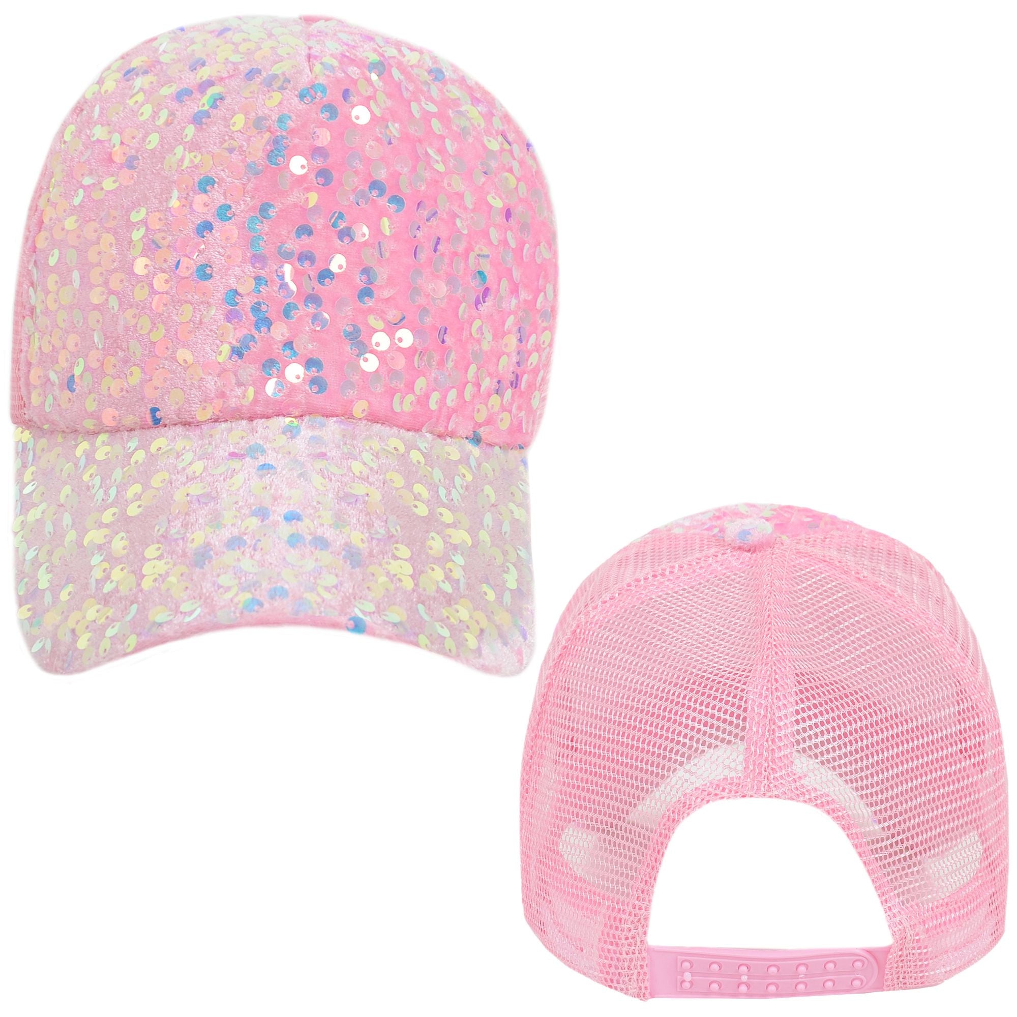 Anna-Kaci Women's Sparkly Sequin Baseball Cap Messy Low Bun Ponycap Velvet Mesh Trucker Hat