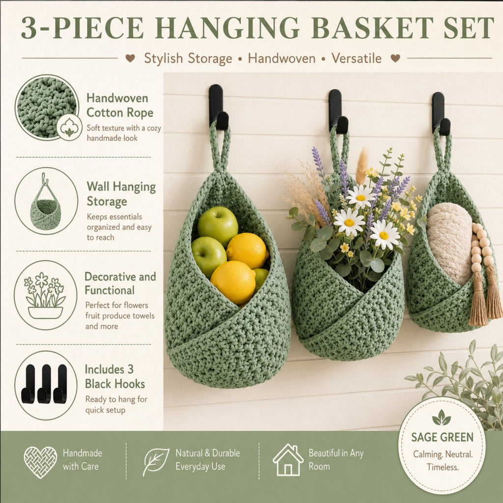 Woven Cotton Rope Hanging Basket Set Wall Storage Organizer with Hooks