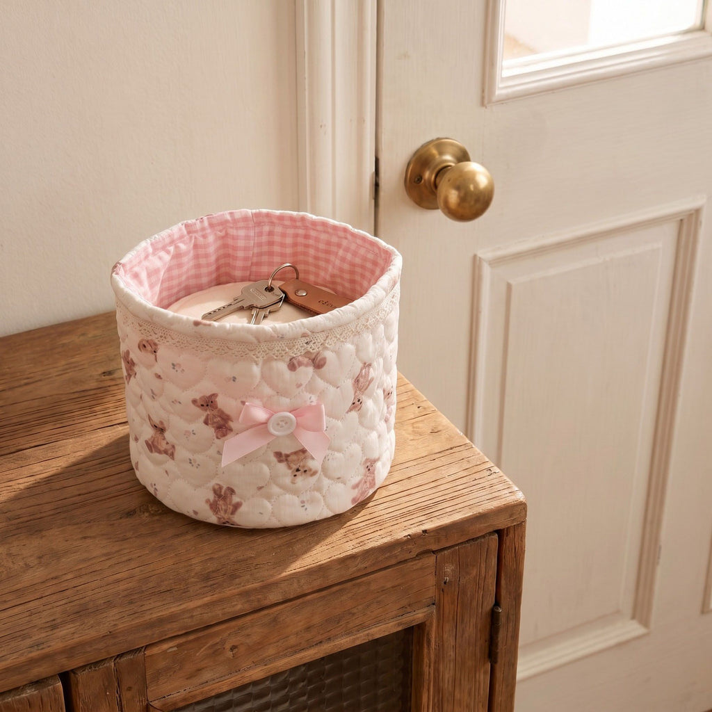 Quilted Round Fabric Storage Basket with Bow and Lace Trim