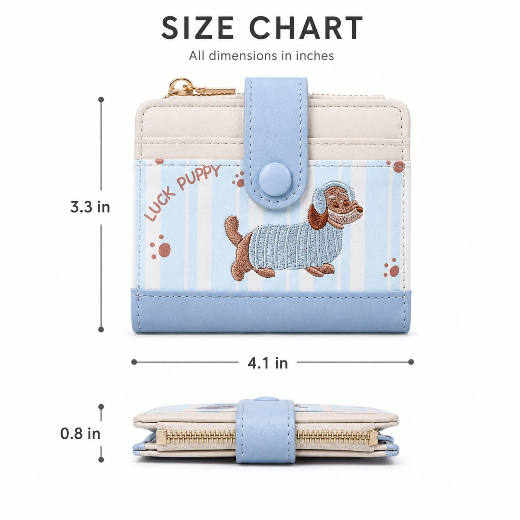 Compact Dachshund Print Bifold Wallet with Zipper Coin Pocket, Card Slots, Snap Closure and Bone Charm