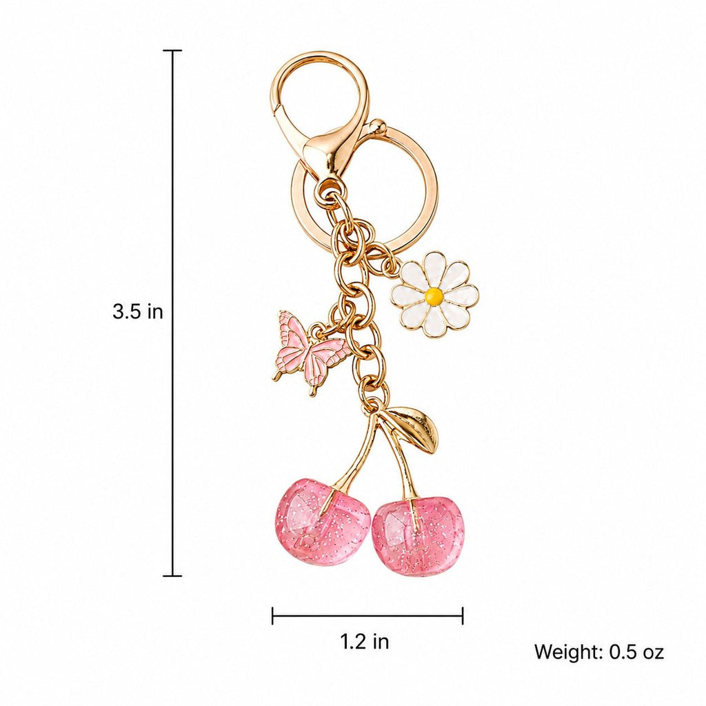 Cherry Bag Charm Keychain with Daisy and Butterfly Accents and Gold-Tone Clip