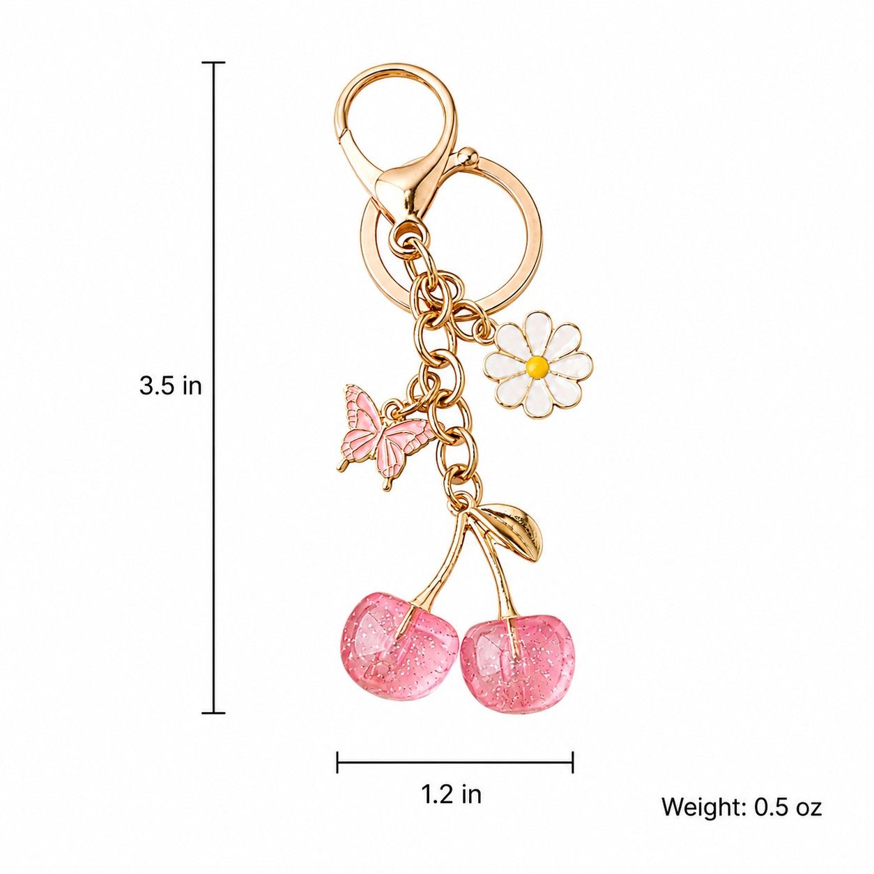 Cherry Bag Charm Keychain with Daisy and Butterfly Accents and Gold-Tone Clip