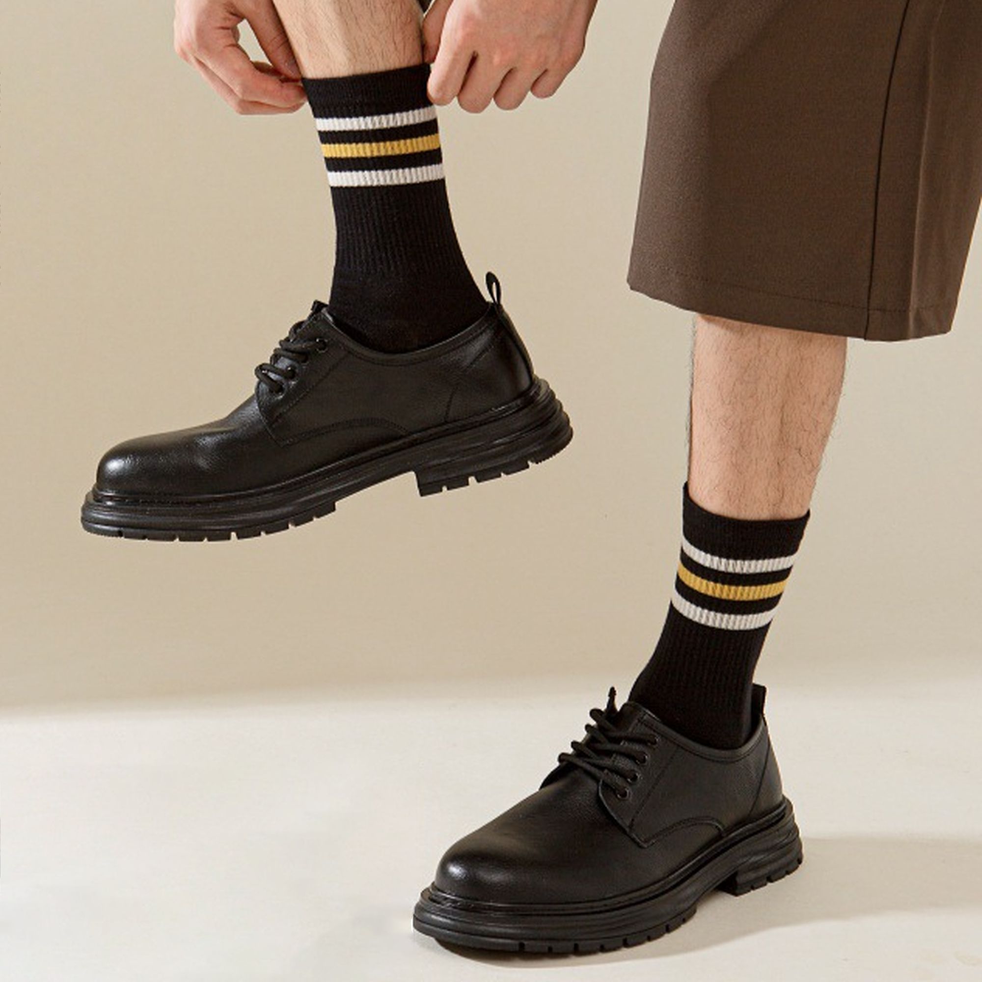 Anna-Kaci 6pk Men's Crew Socks with Striped Cuffs