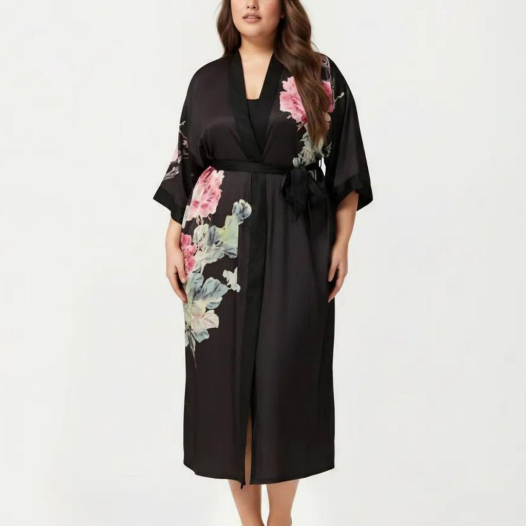 Anna-Kaci Lounge Women's Plus Size 2-Piece Floral Kimono Robe Set with Short Sleeve Open Front Longline Cover Up and Matching Inner Dress