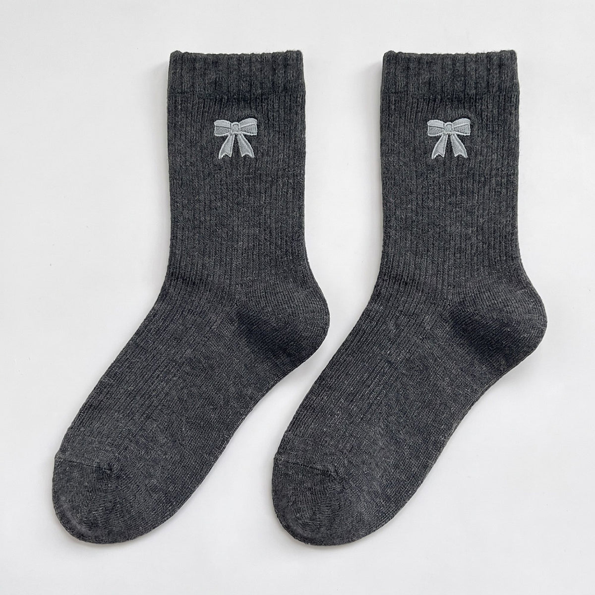 3-Pair Bow Embroidered Crew Socks Set, Ribbed Knit Casual Hosiery