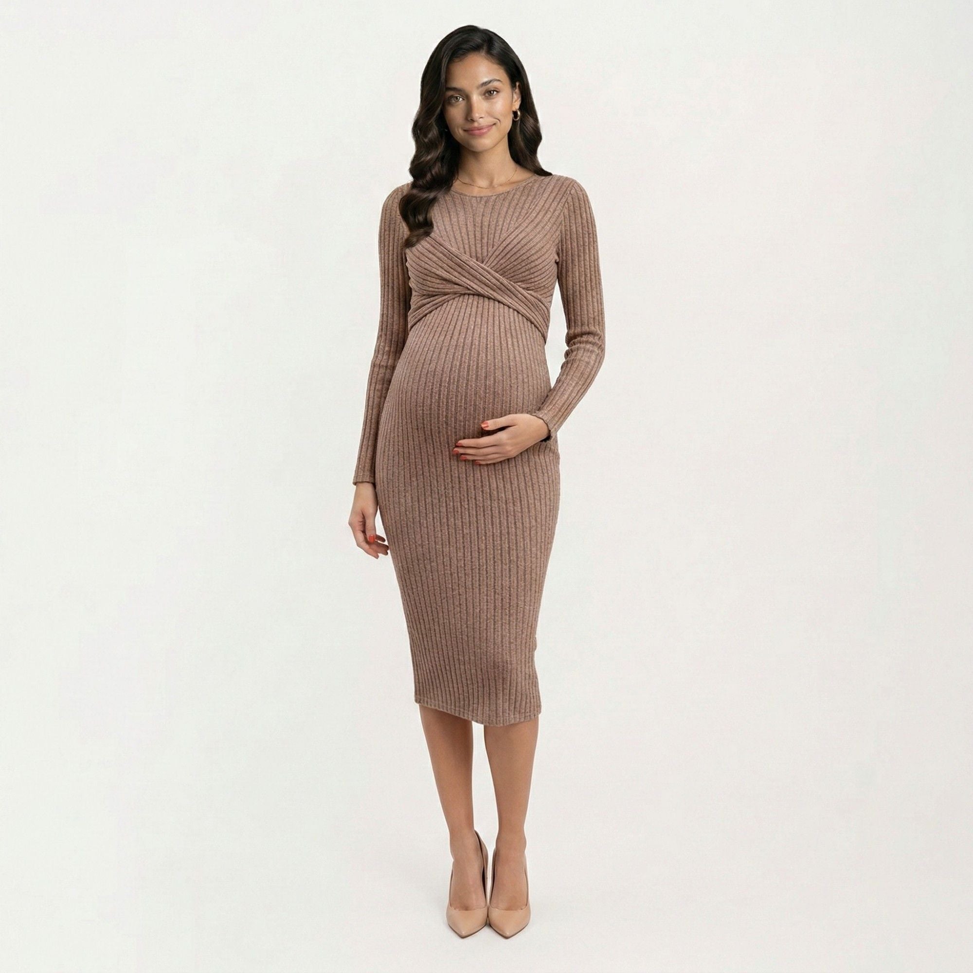 Anna-Kaci Women's Ribbed Knit Bodycon Maternity Dress - Long Sleeve Twist Front Stretch Midi
