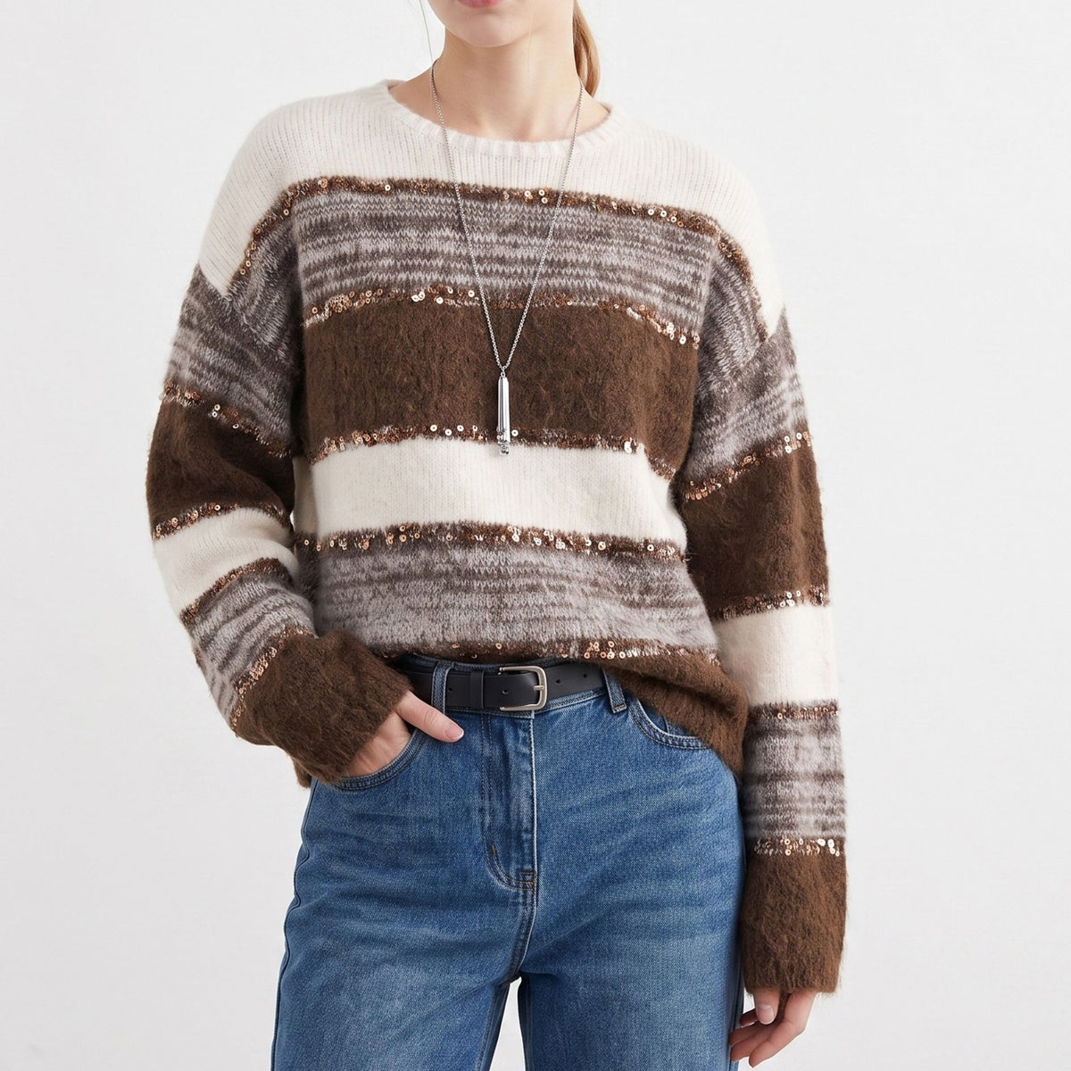 Sequin Striped Fuzzy Knit Crewneck Pullover Sweater
