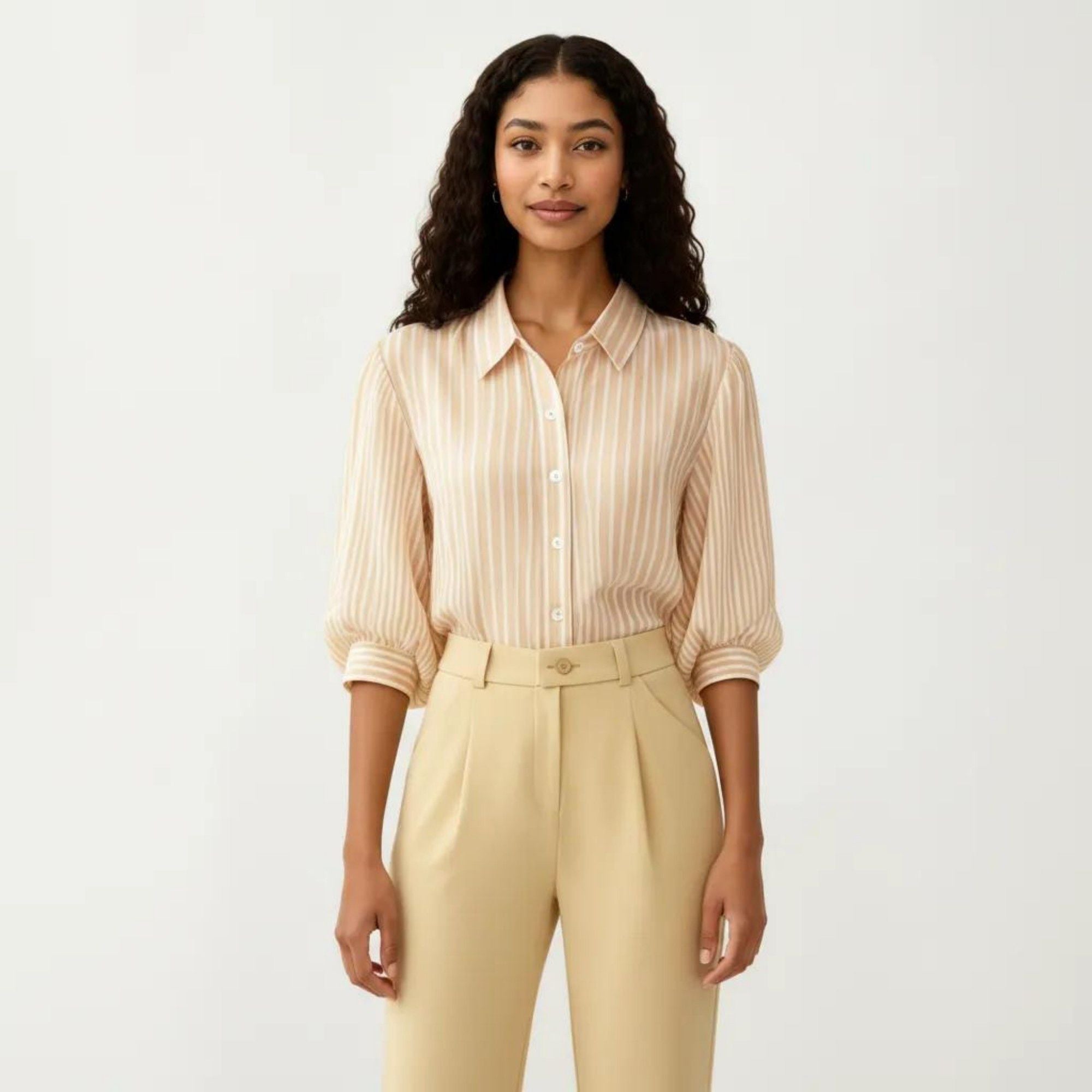 Anna-Kaci Women's Striped Button Down Blouse with Collared Neckline and Puff Sleeves