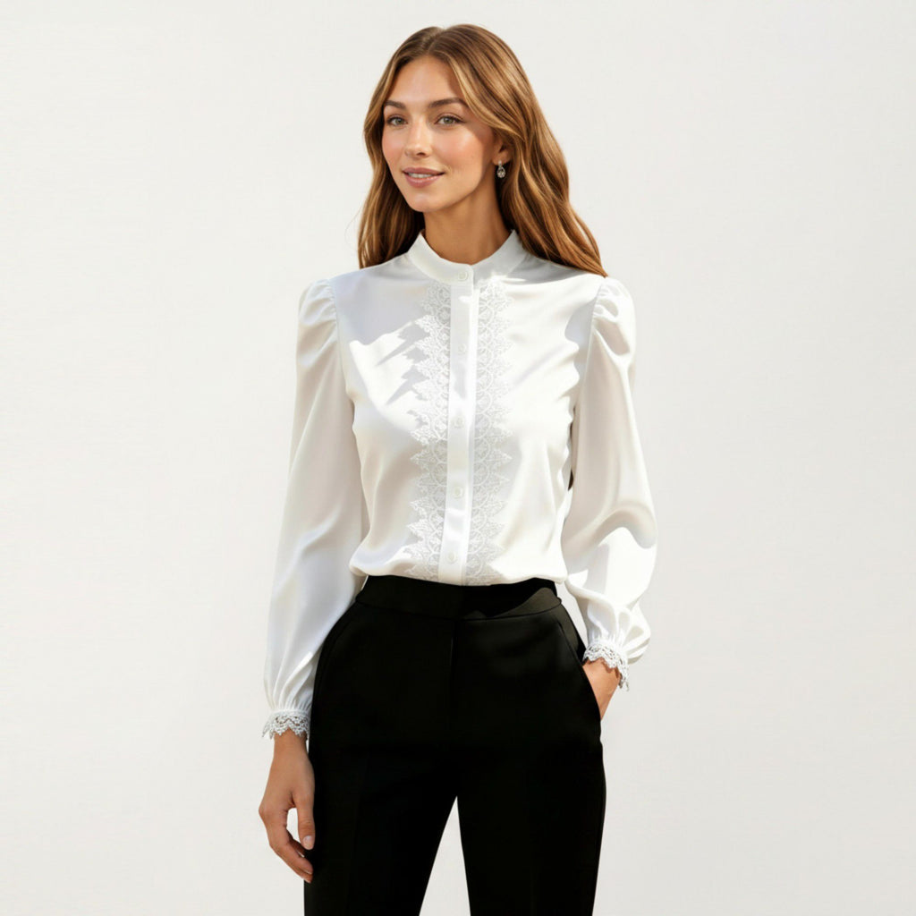 Anna-Kaci Women's Long Sleeve Blouse with Lace Trim Front and Puff Sleeve Cuffs