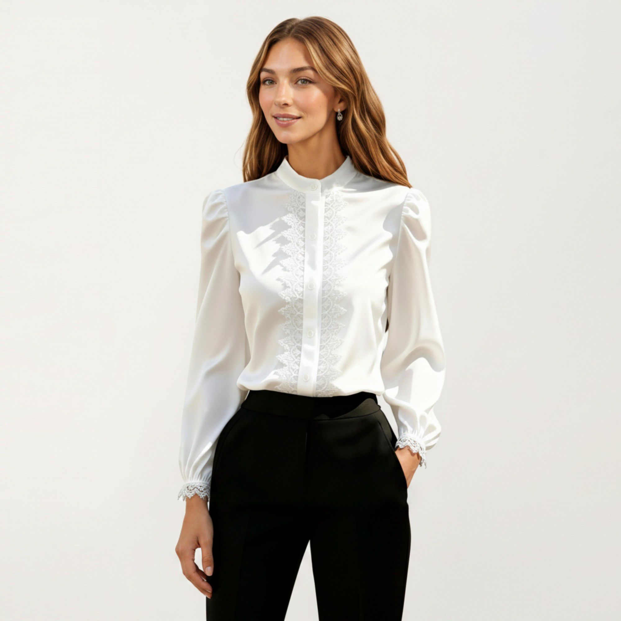 Anna-Kaci Women's Long Sleeve Blouse with Lace Trim Front and Puff Sleeve Cuffs
