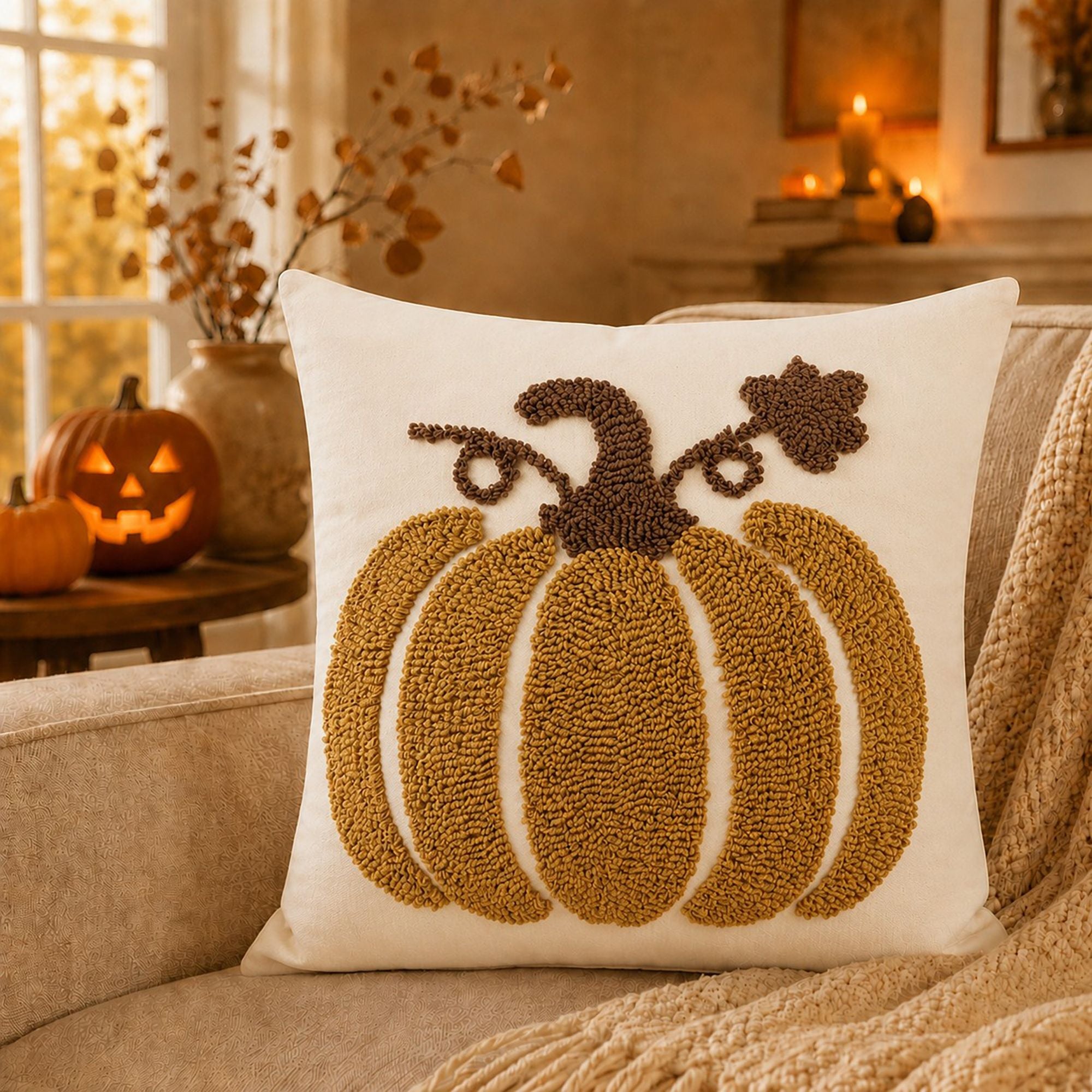 Tufted Pumpkin Throw Pillow Cover for Fall and Thanksgiving Decor