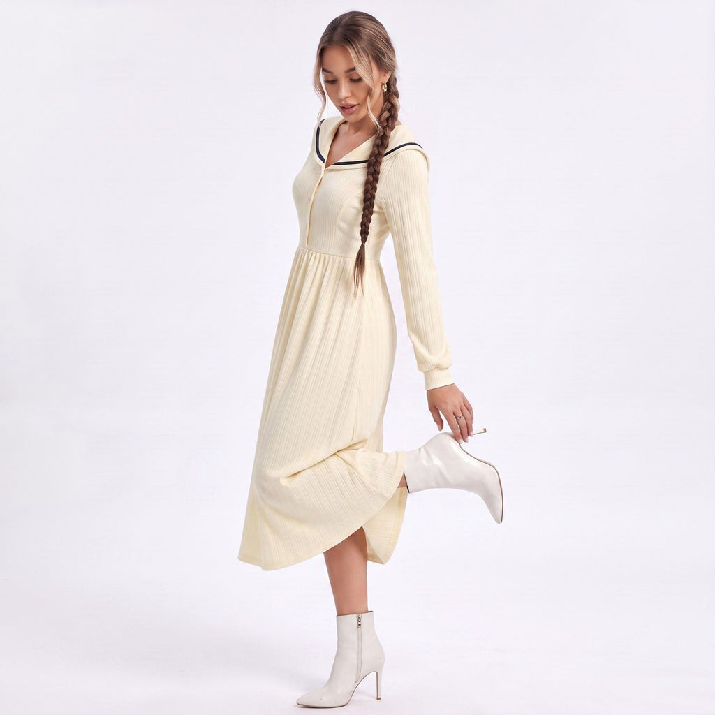 Cream Sailor Collar Long Sleeve Button Front Fit and Flare Midi Dress