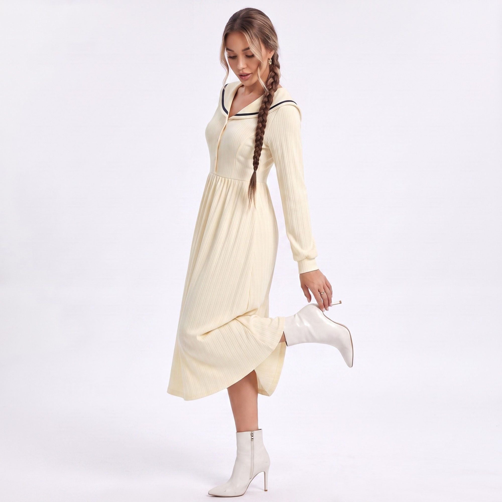 Cream Sailor Collar Long Sleeve Button Front Fit and Flare Midi Dress
