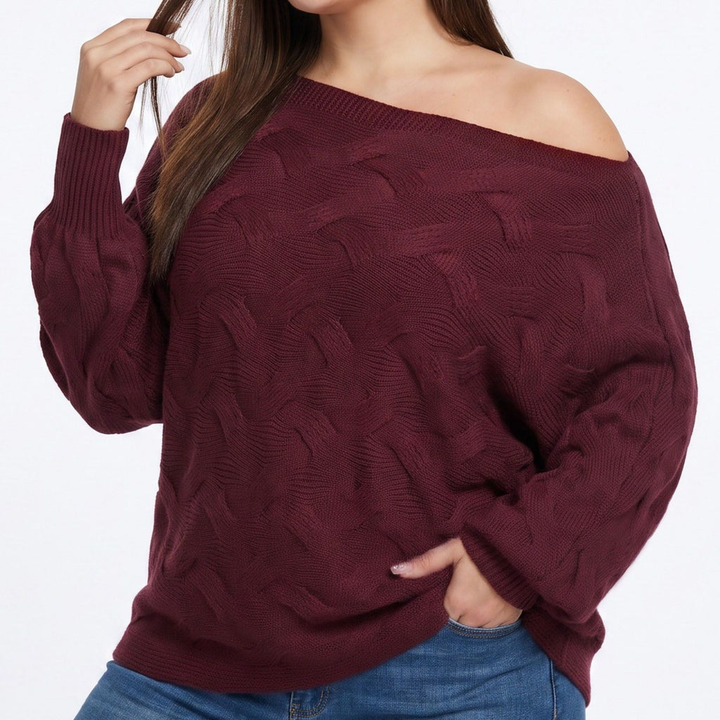 Plus Size Off Shoulder Cable Knit Pullover Sweater