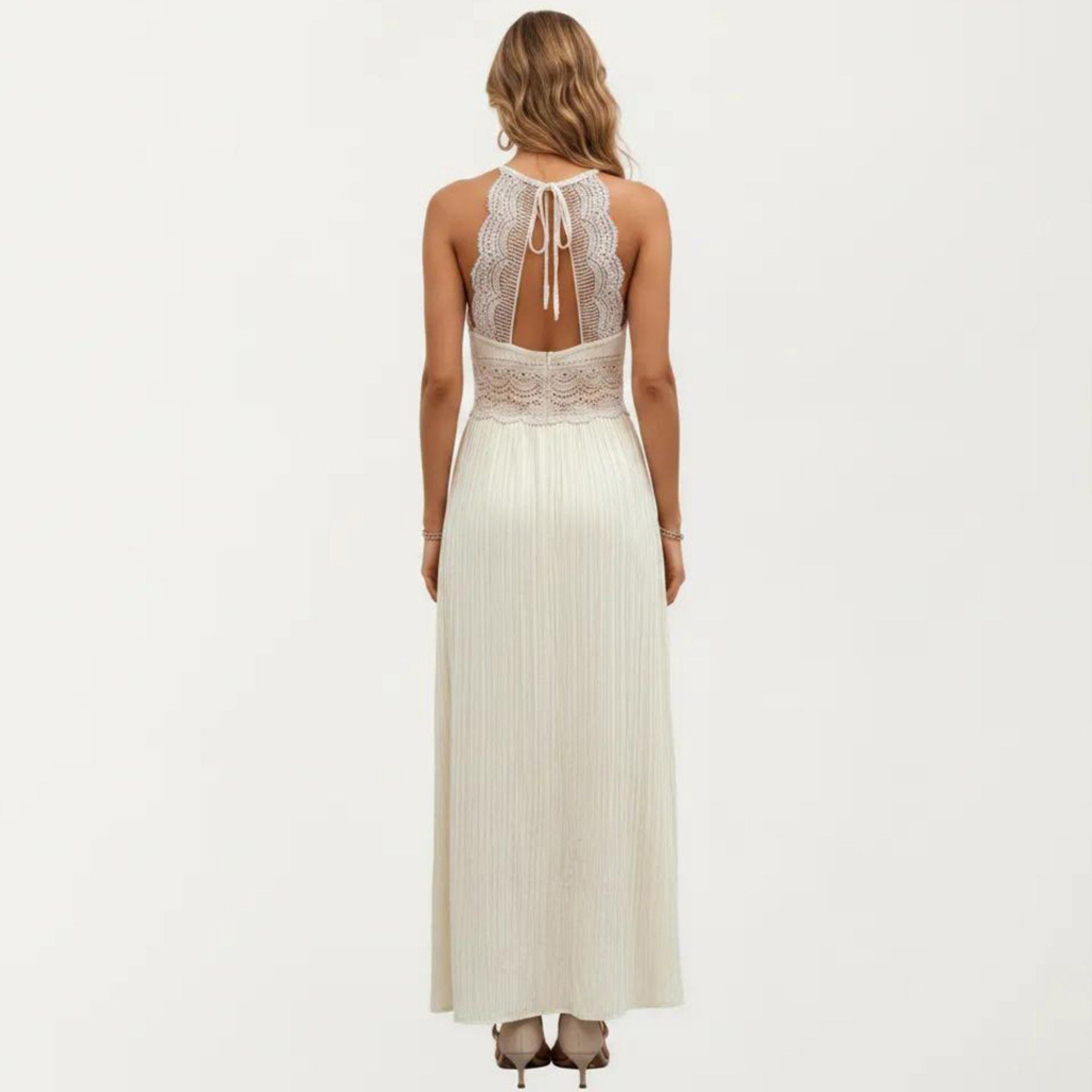 Anna-Kaci Women's Boho Crochet Lace Inset Maxi Dress with Keyhole Back