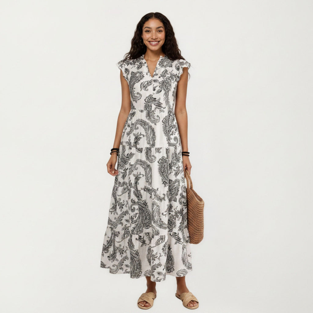 Anna-Kaci Women's Paisley Print Flutter Sleeve Tiered Maxi Dress