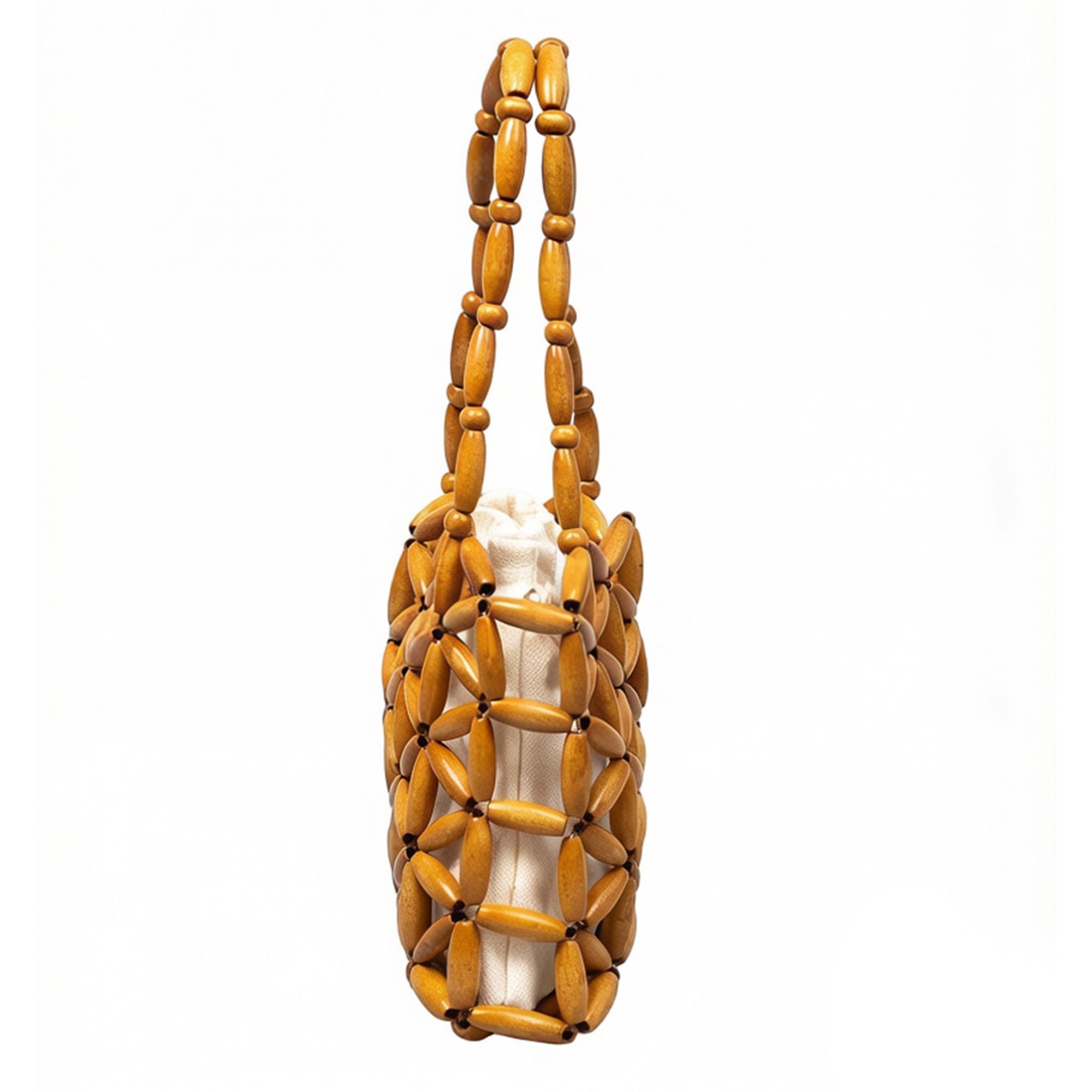 Wooden Beaded Tote Bag Structured Geometric Design with Inner Pouch Open Weave Shoulder Handbag
