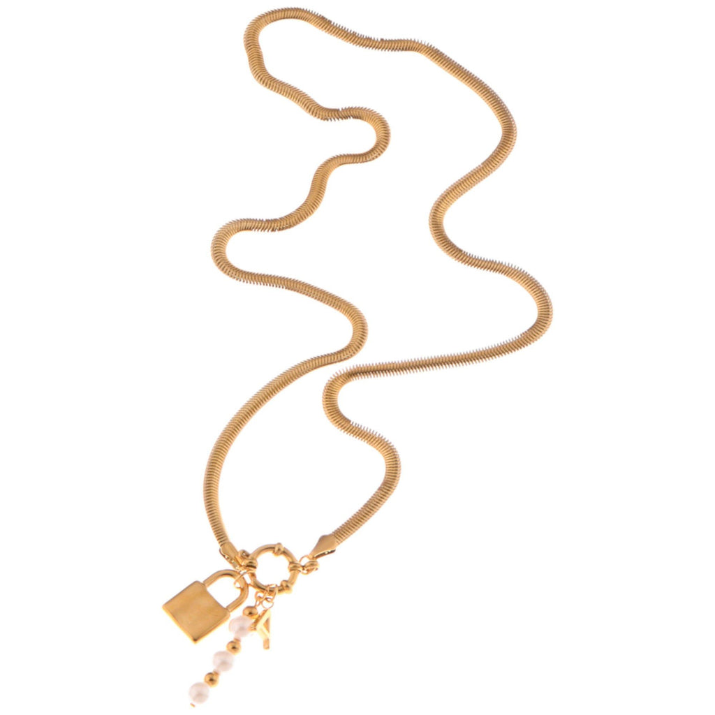 Fashion Gold-Tone Lock Pendant Fashion Necklace with Pearl and Initial Charm Details