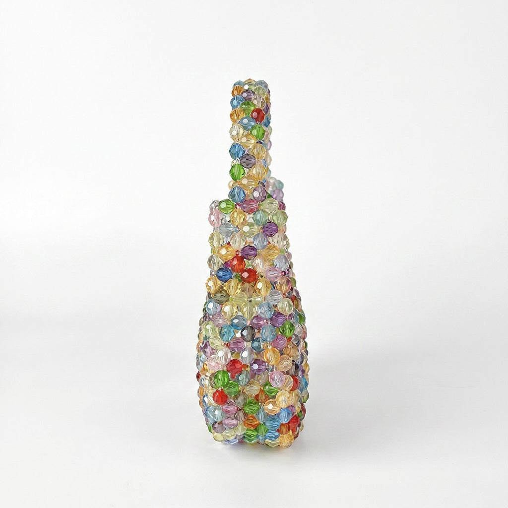 Multicolor Crystal Beaded Handbag with Structured Top Handle Statement Purse 7.5x7.8x1.5 in
