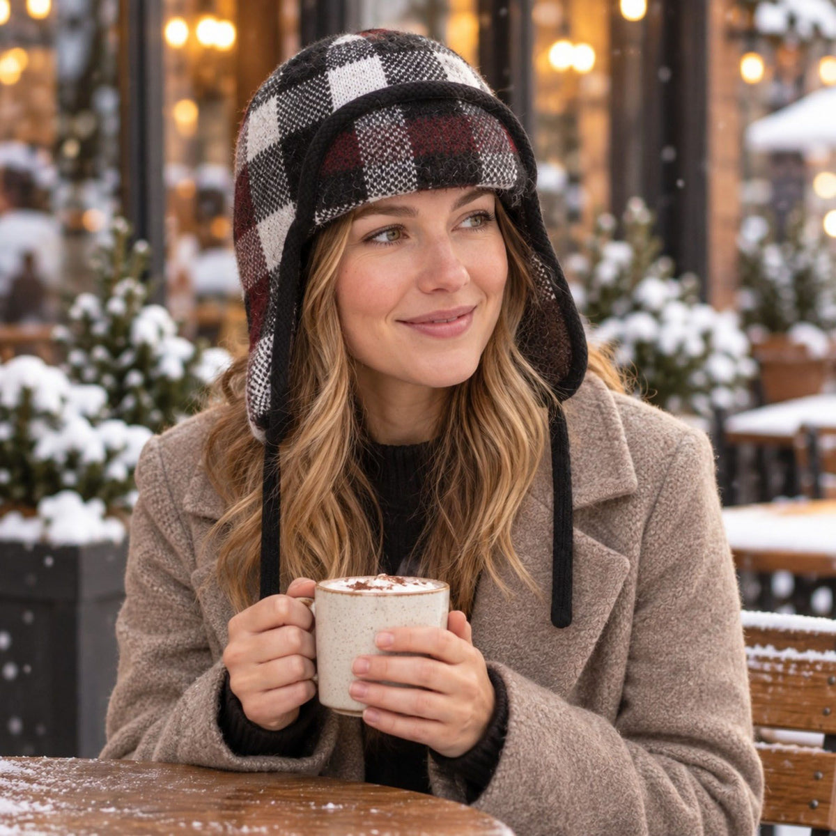 Plaid Ear Flap Knit Beanie Winter Thermal Trapper Hat