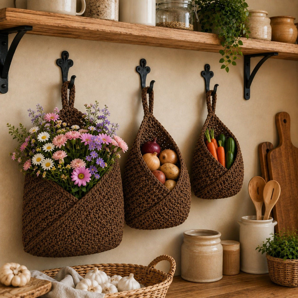Woven Cotton Rope Hanging Basket Set Wall Storage Organizer with Hooks