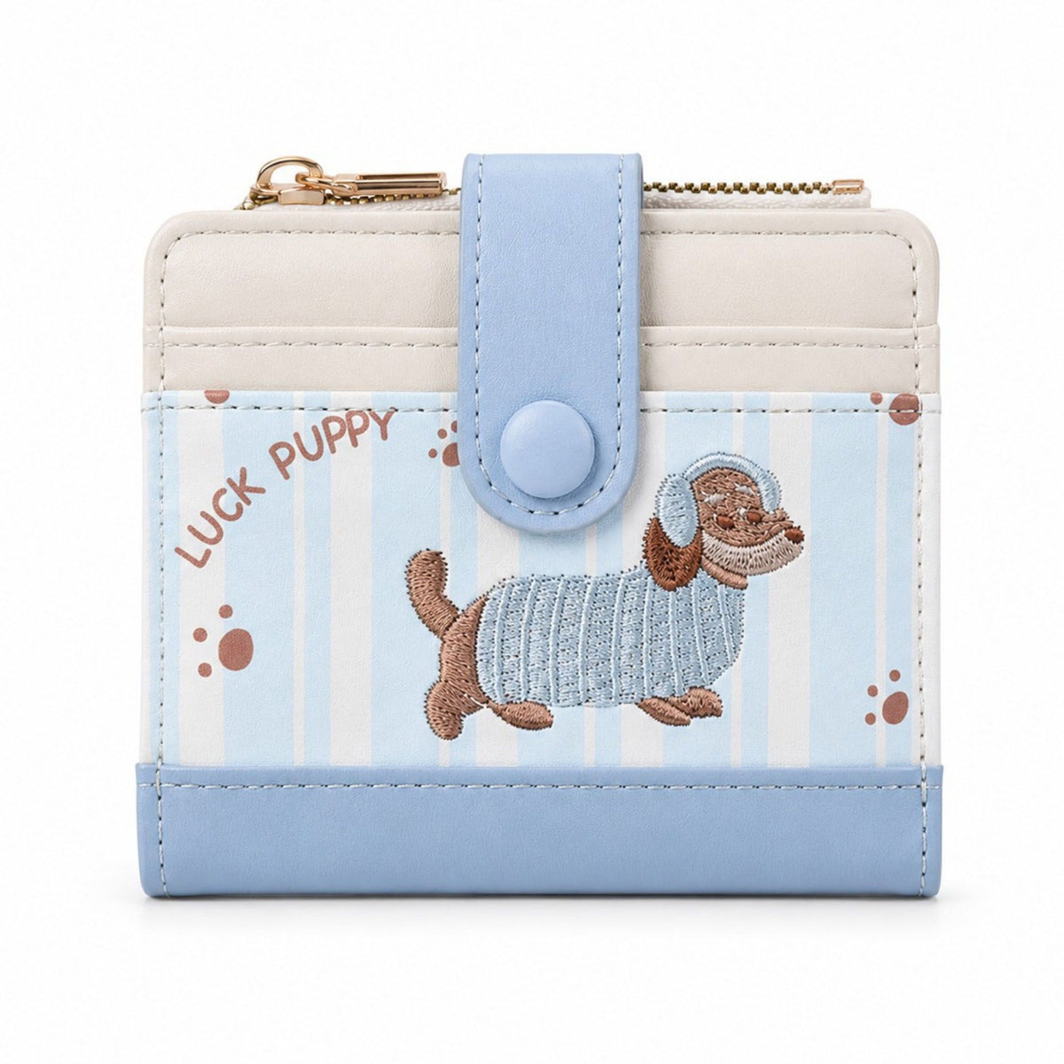 Billetera Bifold con Estampado de Dachshund Compacto, Bolsillo Monedero con Cremallera, Ranuras para Tarjetas, Cierre a Presión y Dije de Hueso