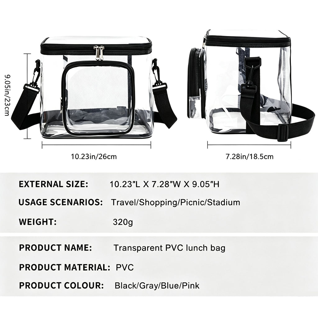 Clear PVC Lunch Tote Bag with Front Zipper Pocket, Top Handle and Removable Shoulder Strap