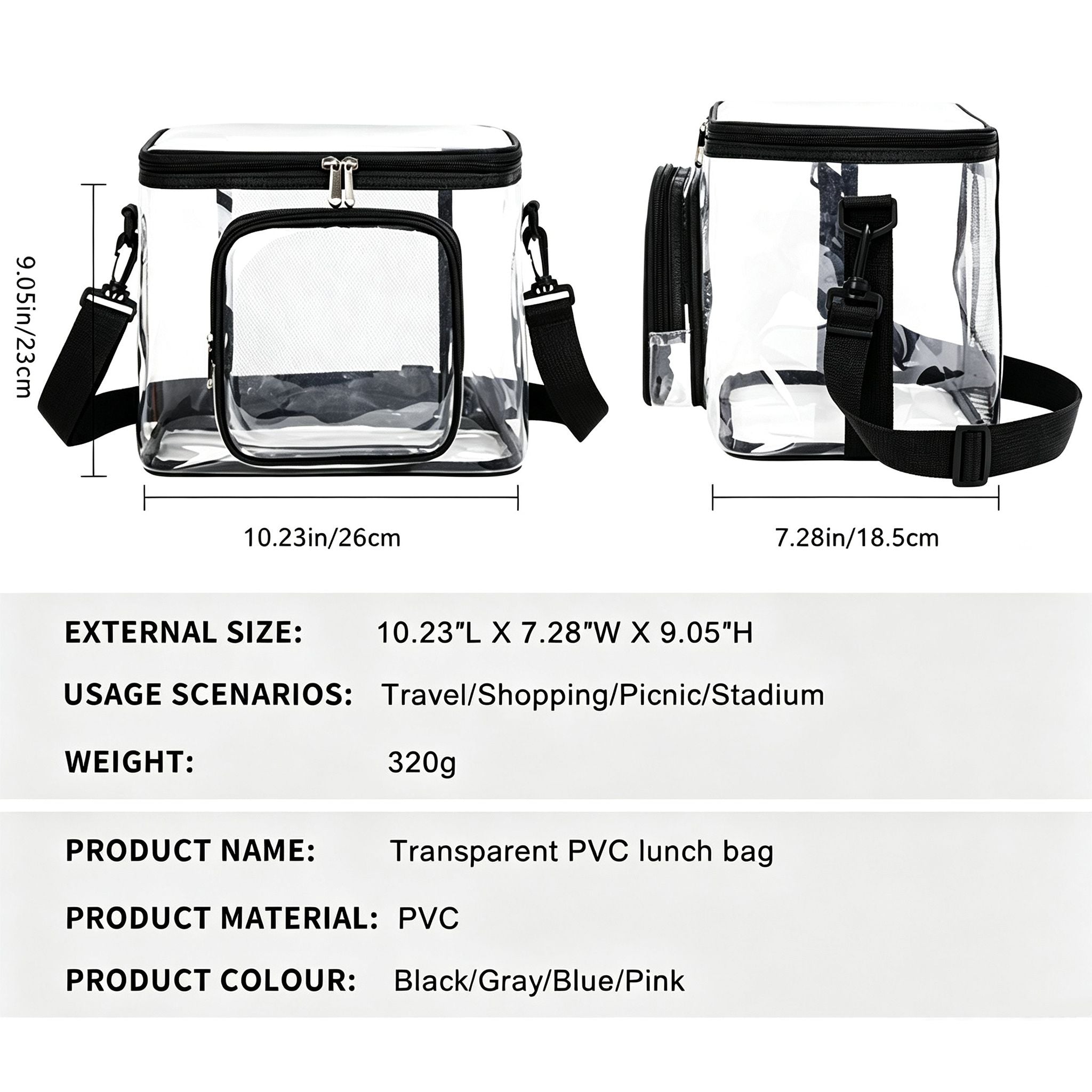 Clear PVC Lunch Tote Bag with Front Zipper Pocket, Top Handle and Removable Shoulder Strap