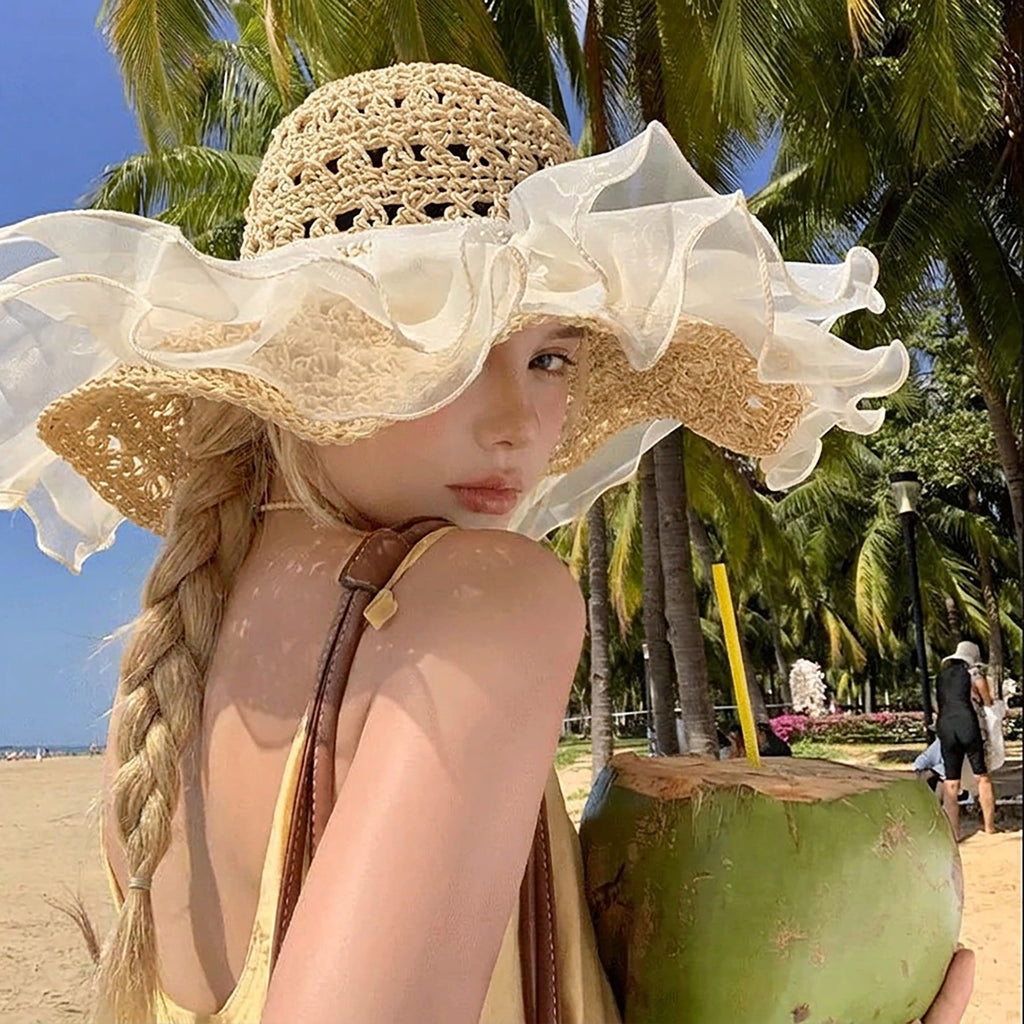 Crochet Sun Hat with Sheer Ruffle Wide Brim and Pearl Trim Detail