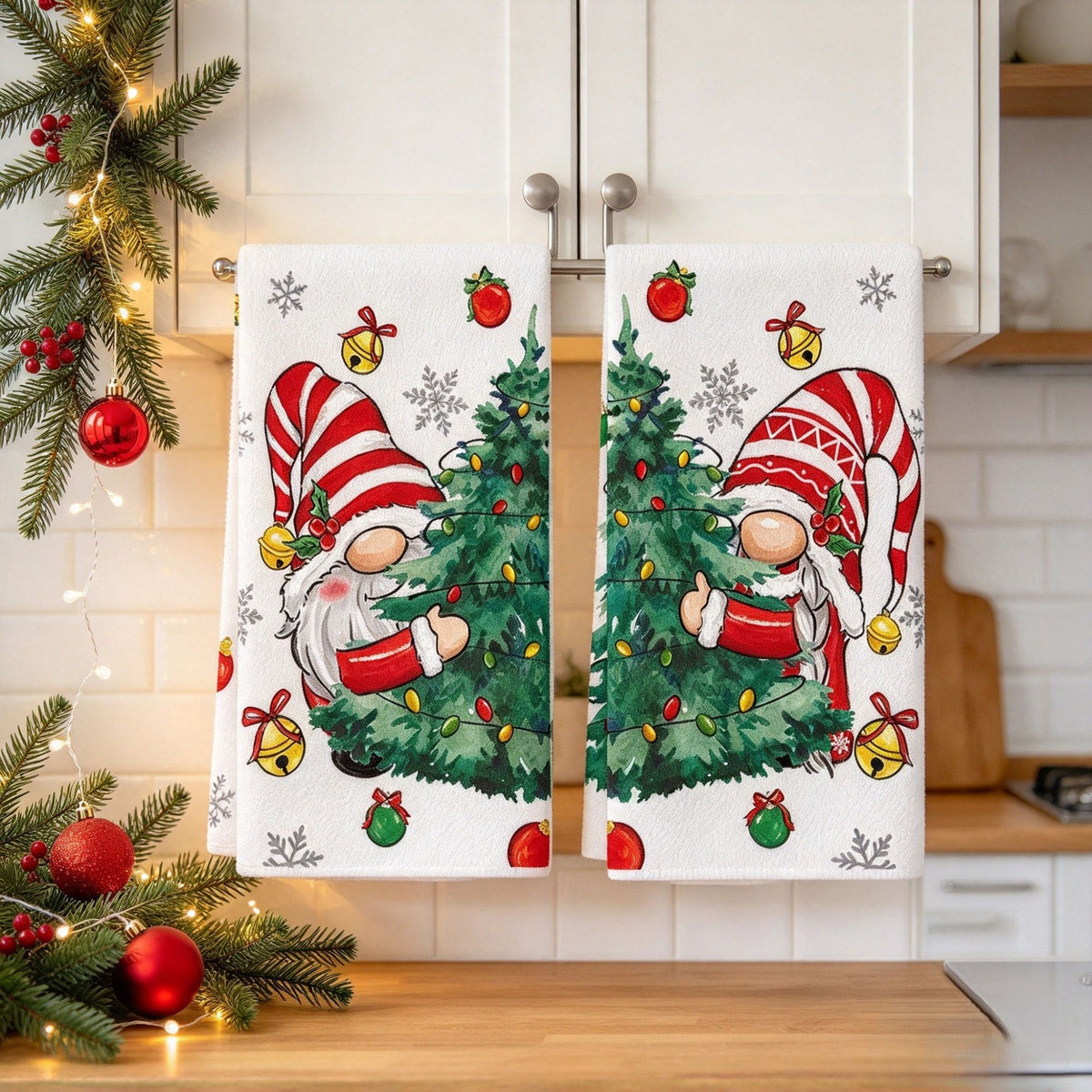 2-Pack Christmas Kitchen Towels 15.7x23.6in, Gnome & Tree Microfiber Hand Towels